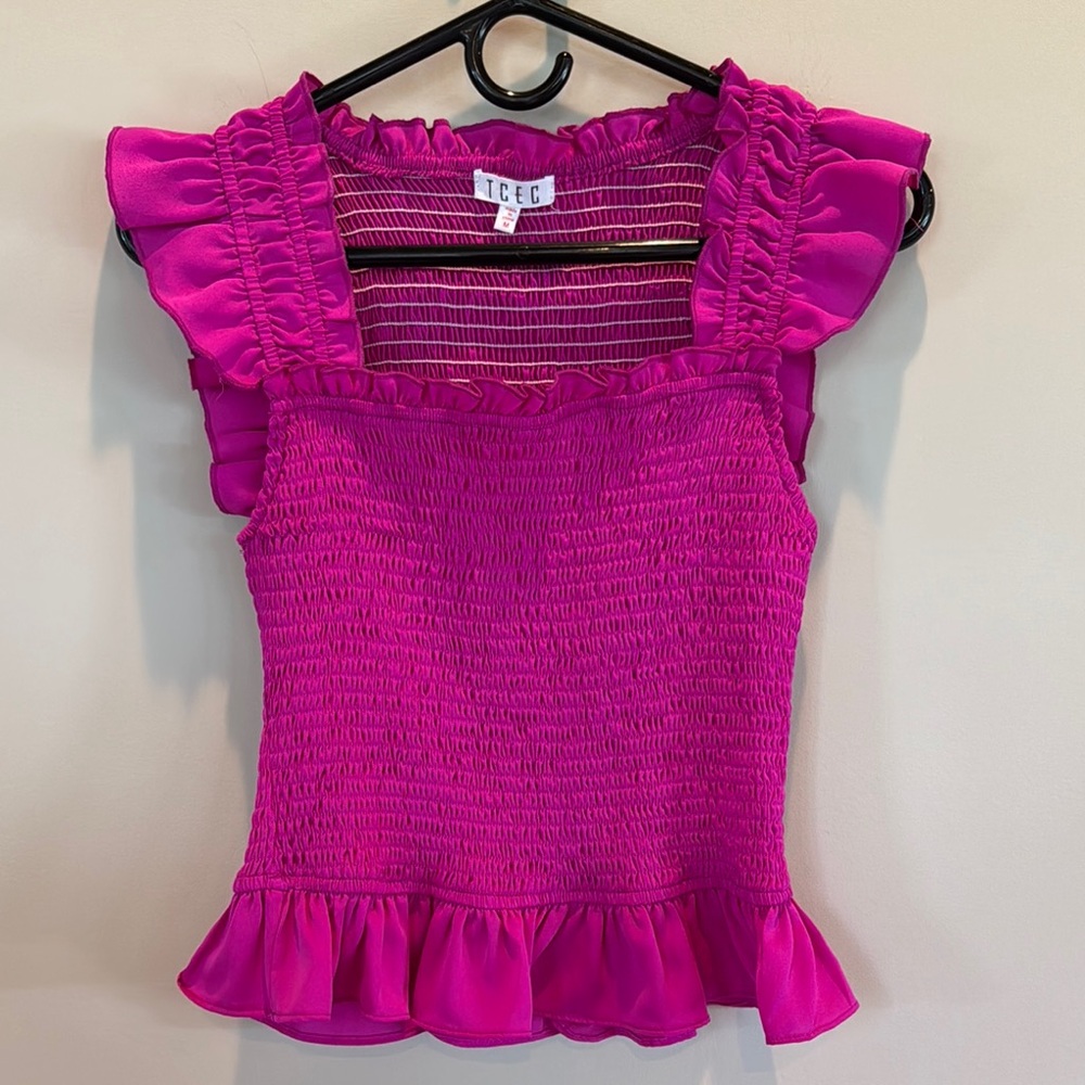 TCEC Pink Smocked Ruffled Cap Sleeve Blouse